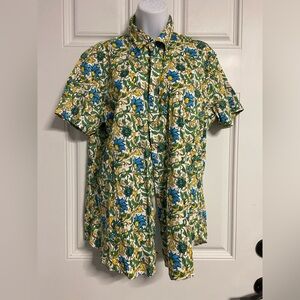 T31- STEELE Blue-Yellow Boho Floral COTTON Short Sleeve Button Up Shirt